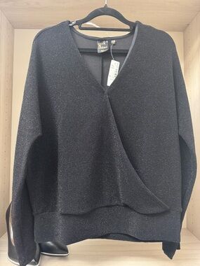 Reitmans Black Metallic V-Neck Faux Wrap Sweater